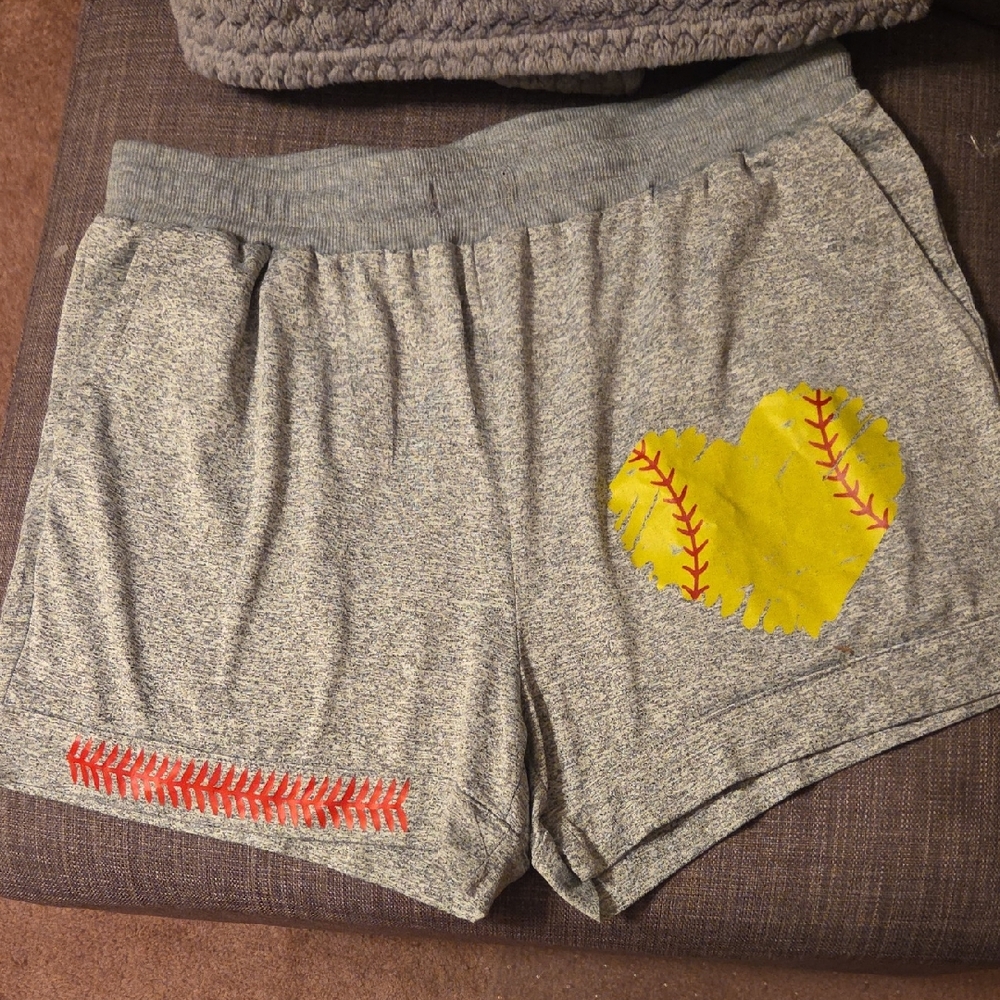 Gray Women's Shorts with Yellow Heart Design Softball